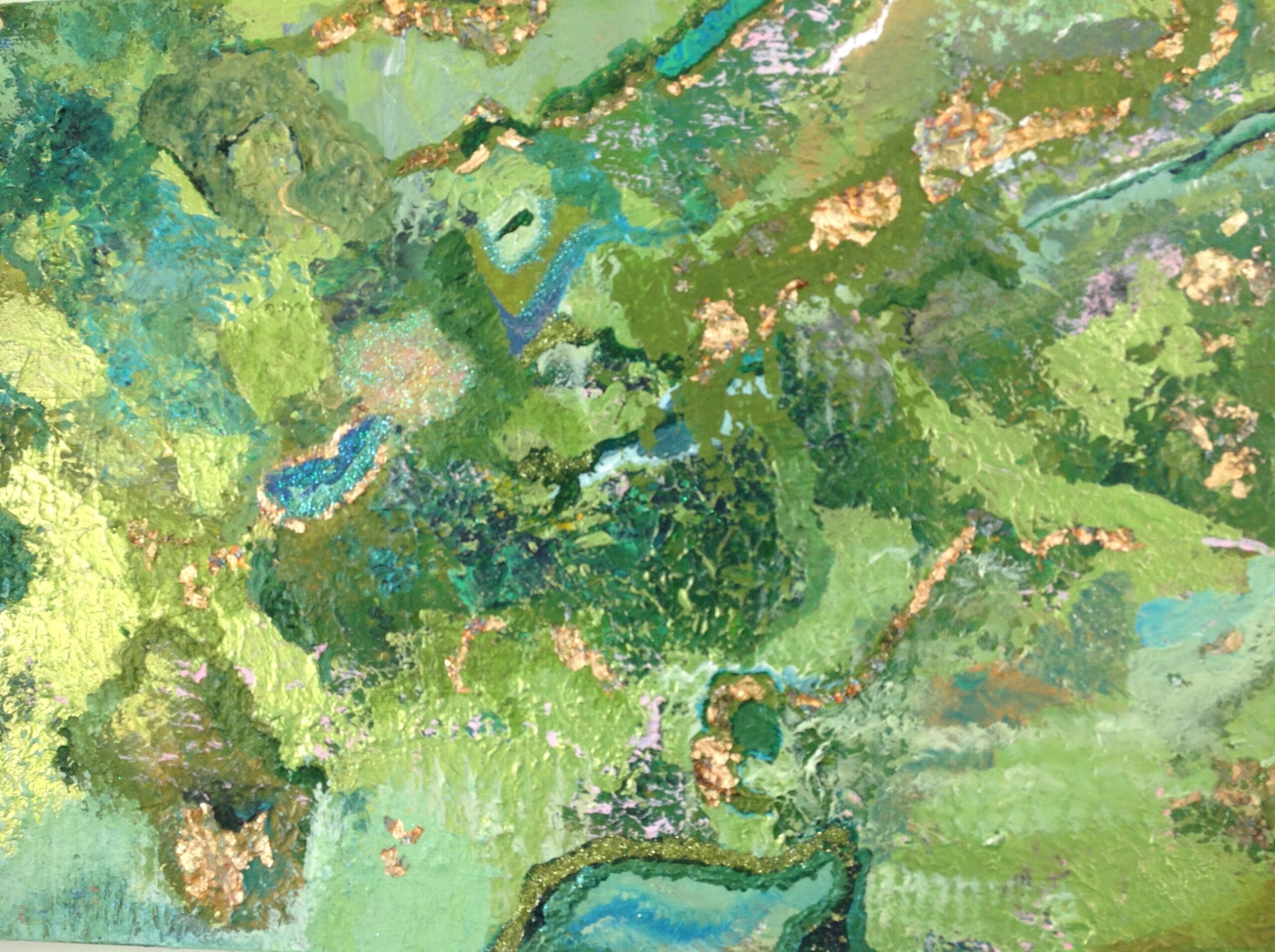 Various Greens and gold leaf painting abstract